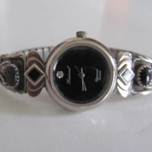 Diamond Quartz JB Navajo Sterling silver watch Womens Black Onyx Watch Bracelet - Picture 2 of 6